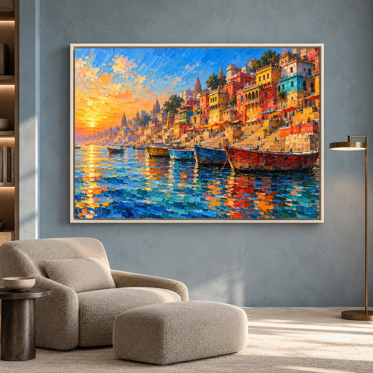 Vibrant Varanasi Ghats Canvas Art Colorful Ganga River Painting