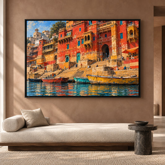 Colorful Varanasi Ghats Canvas Art Traditional Indian Cityscape