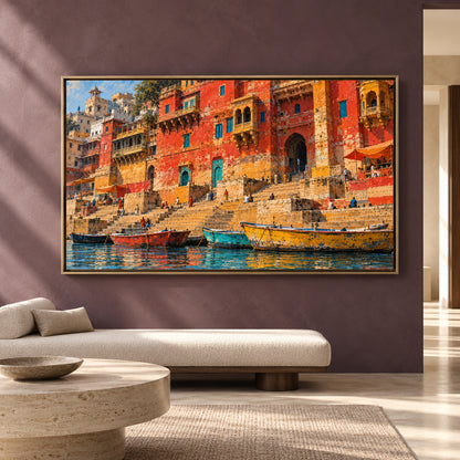 Colorful Varanasi Ghats Canvas Art Traditional Indian Cityscape
