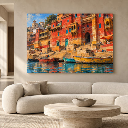 Colorful Varanasi Ghats Canvas Art Traditional Indian Cityscape