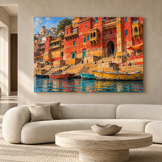 Colorful Varanasi Ghats Canvas Art Traditional Indian Cityscape