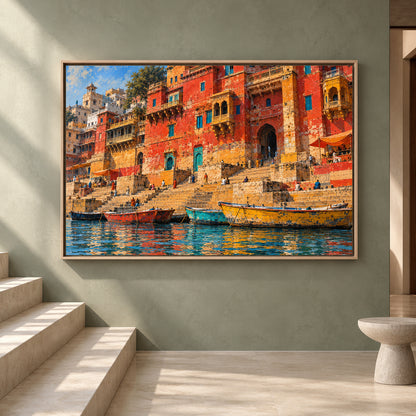 Colorful Varanasi Ghats Canvas Art Traditional Indian Cityscape