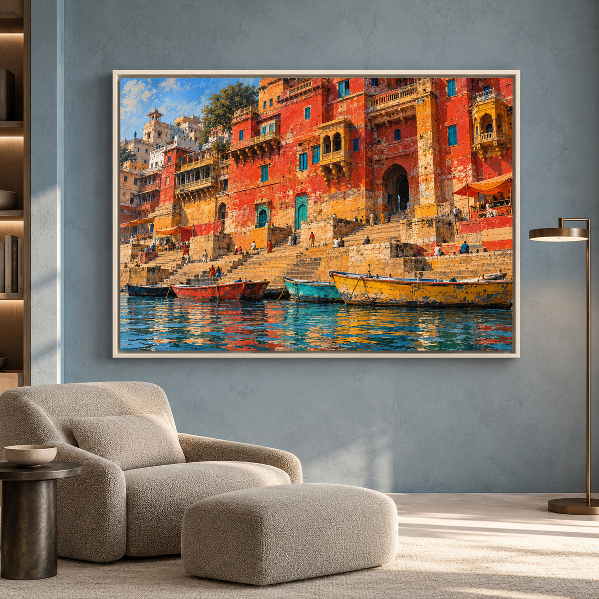 Colorful Varanasi Ghats Canvas Art Traditional Indian Cityscape