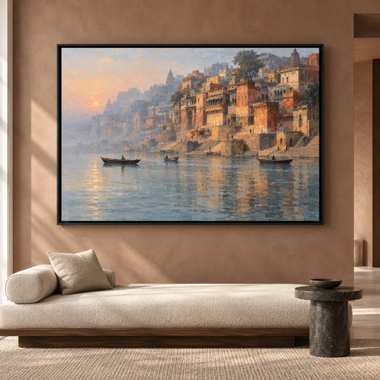 Serene Varanasi Ghats Canvas Art Ganga River Sunrise Painting