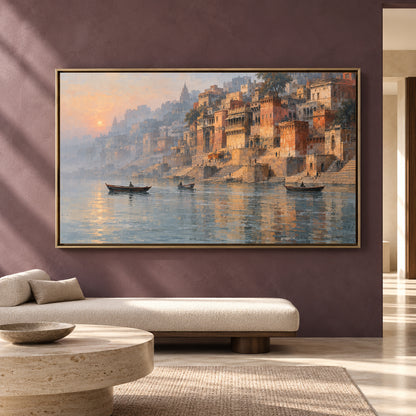 Serene Varanasi Ghats Canvas Art Ganga River Sunrise Painting