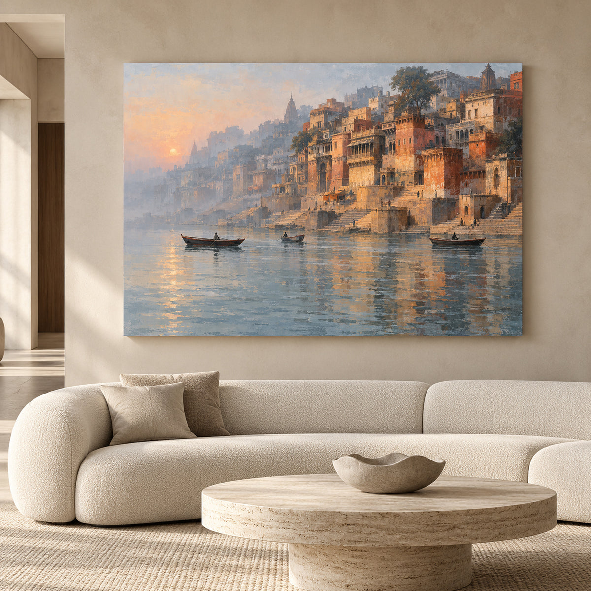 Serene Varanasi Ghats Canvas Art Ganga River Sunrise Painting