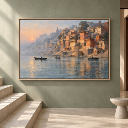 Serene Varanasi Ghats Canvas Art Ganga River Sunrise Painting