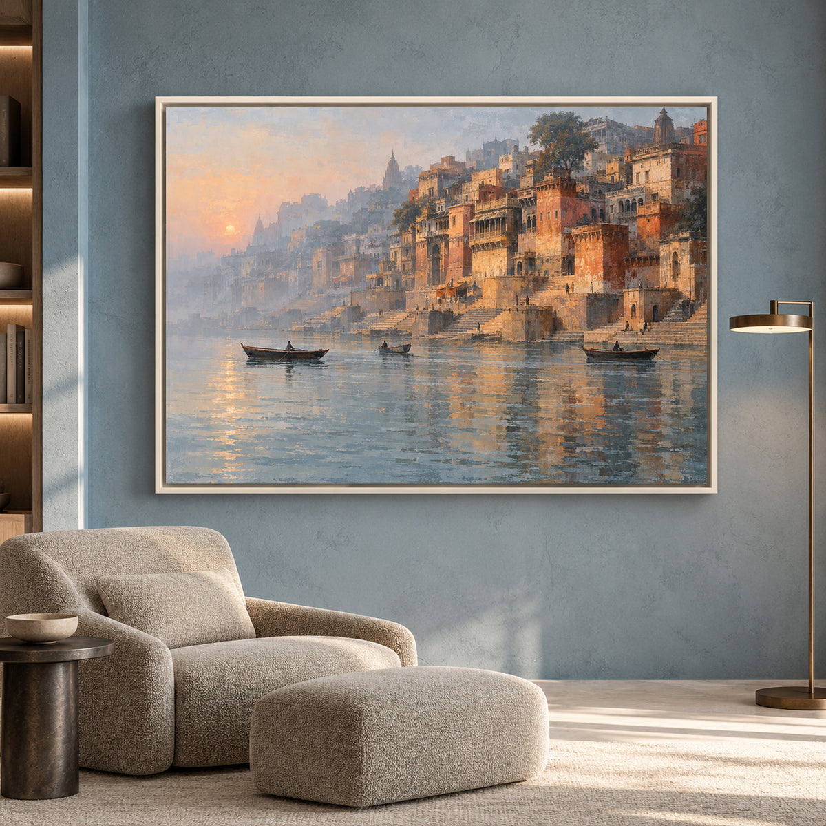 Serene Varanasi Ghats Canvas Art Ganga River Sunrise Painting