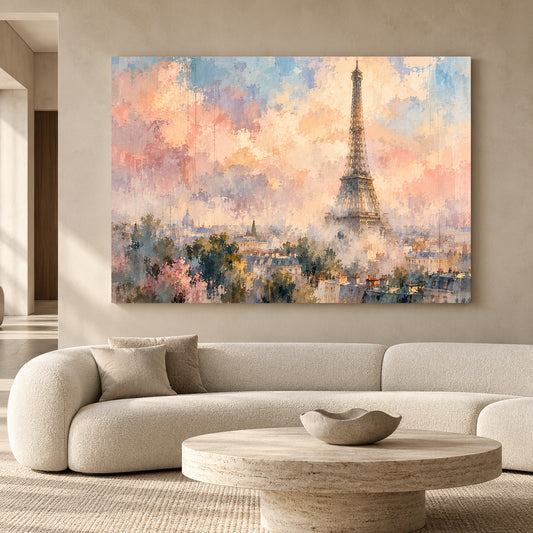 Dreamy Eiffel Tower Canvas Wall Art Pastel Paris Cityscape Painting