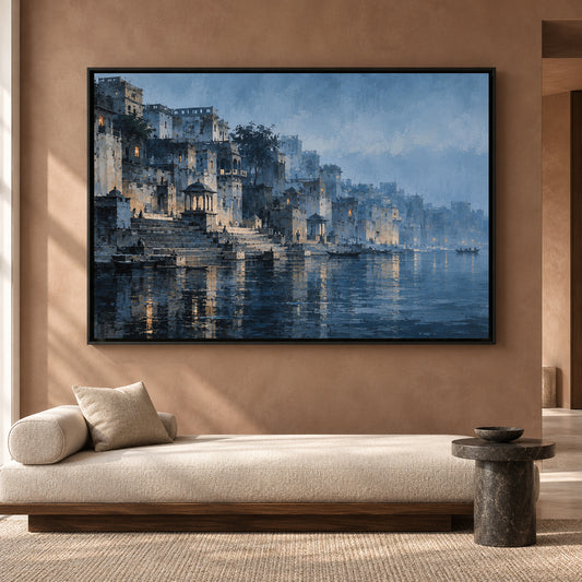 Mystical Banaras Ghats Canvas Wall Art Blue Varanasi Landscape