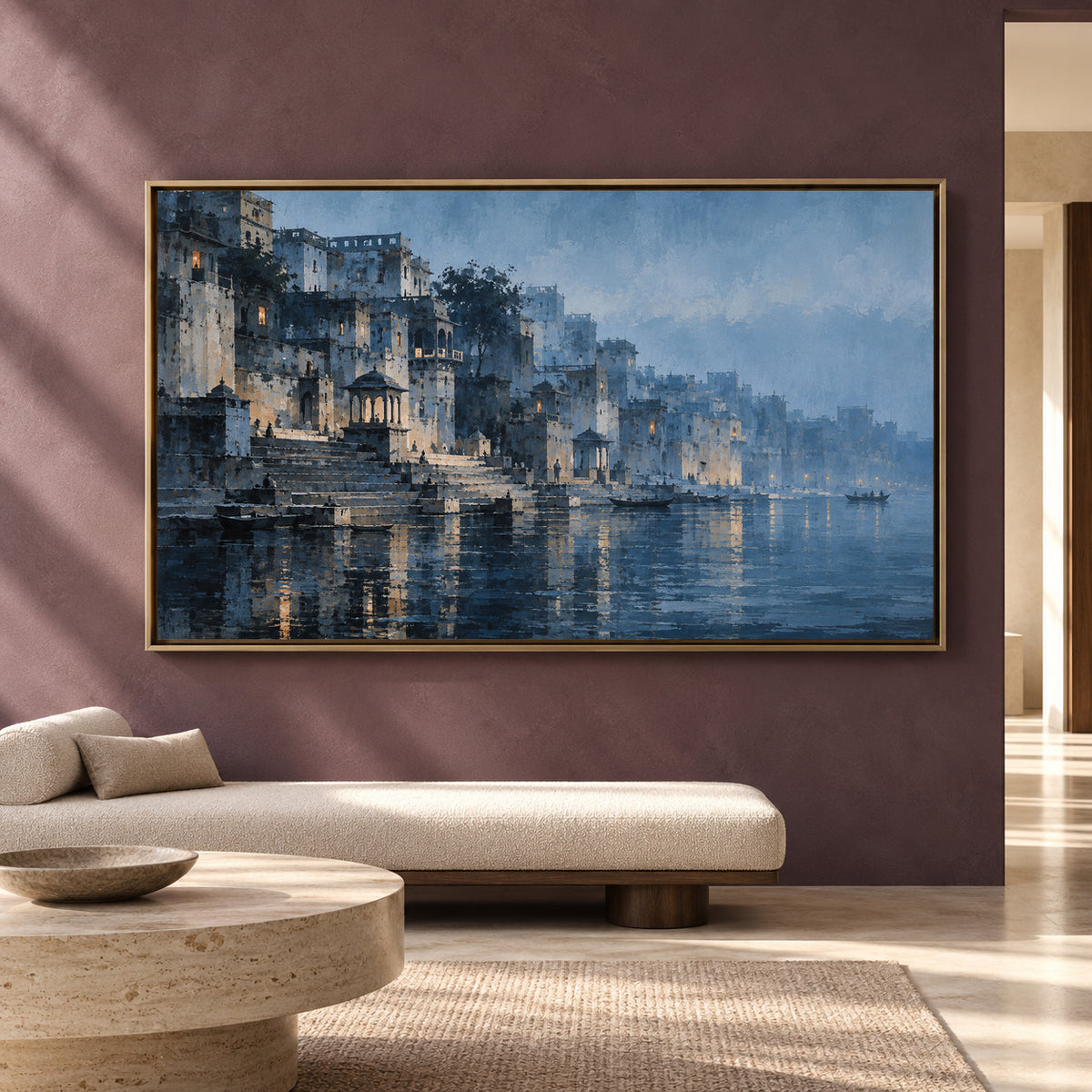 Mystical Banaras Ghats Canvas Wall Art Blue Varanasi Landscape