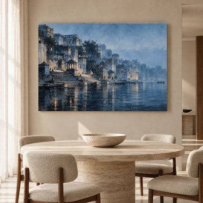 Mystical Banaras Ghats Canvas Wall Art Blue Varanasi Landscape