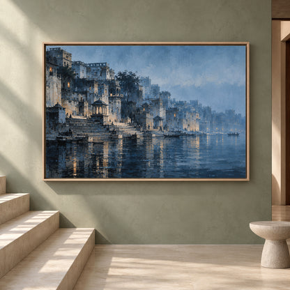 Mystical Banaras Ghats Canvas Wall Art Blue Varanasi Landscape