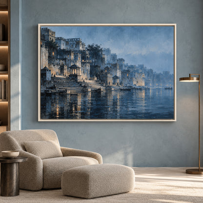 Mystical Banaras Ghats Canvas Wall Art Blue Varanasi Landscape