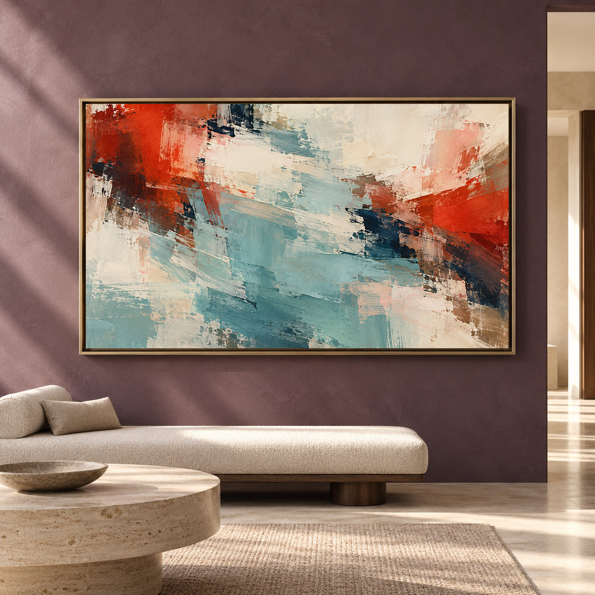 Expressive Modern Abstract Canvas Wall Art in Rust and Blue