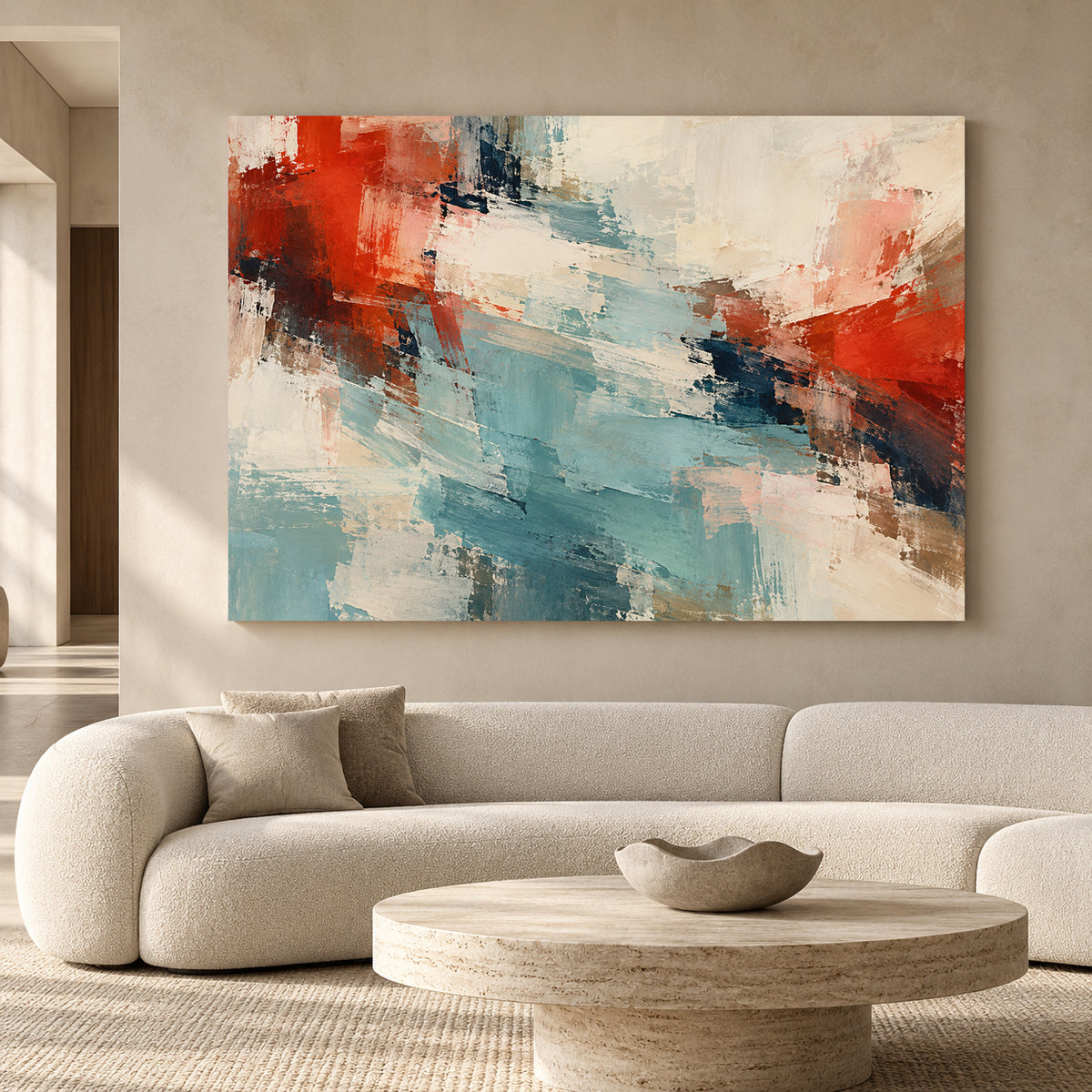 Expressive Modern Abstract Canvas Wall Art in Rust and Blue