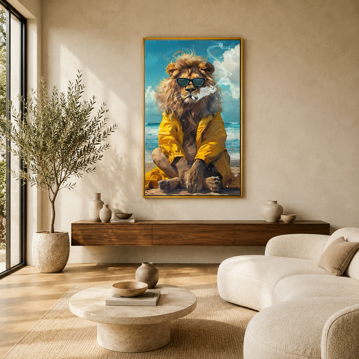 Cool Lion Canvas Wall Art | Modern Beach Lion Painting with Sunglasses