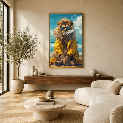 Cool Lion Canvas Wall Art | Modern Beach Lion Painting with Sunglasses
