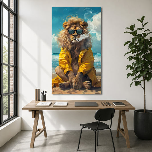 Cool Lion Canvas Wall Art | Modern Beach Lion Painting with Sunglasses