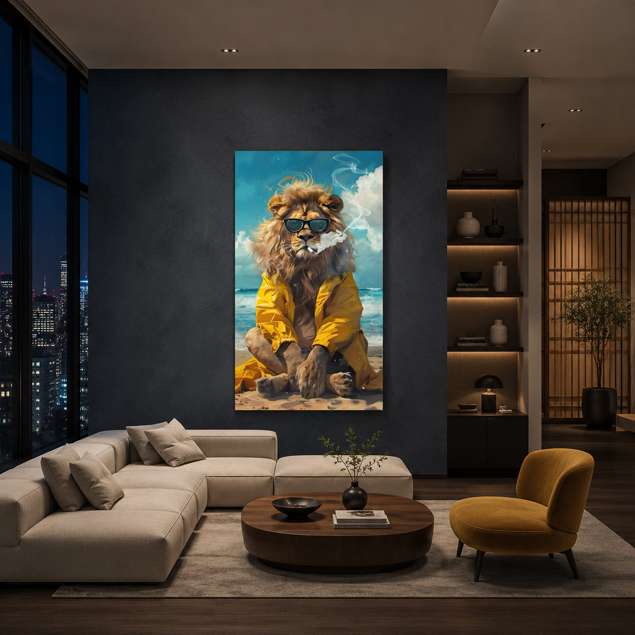 Cool Lion Canvas Wall Art | Modern Beach Lion Painting with Sunglasses