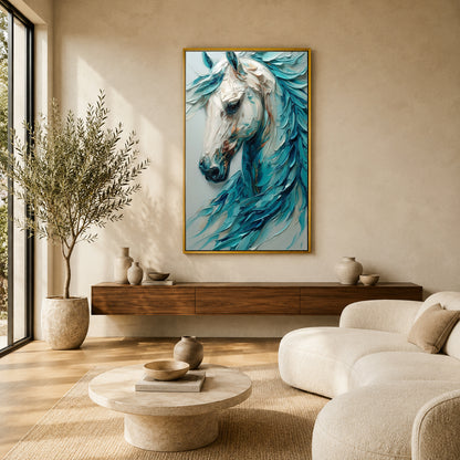 Blue White Horse Canvas Wall Art | Modern Abstract Horse Painting