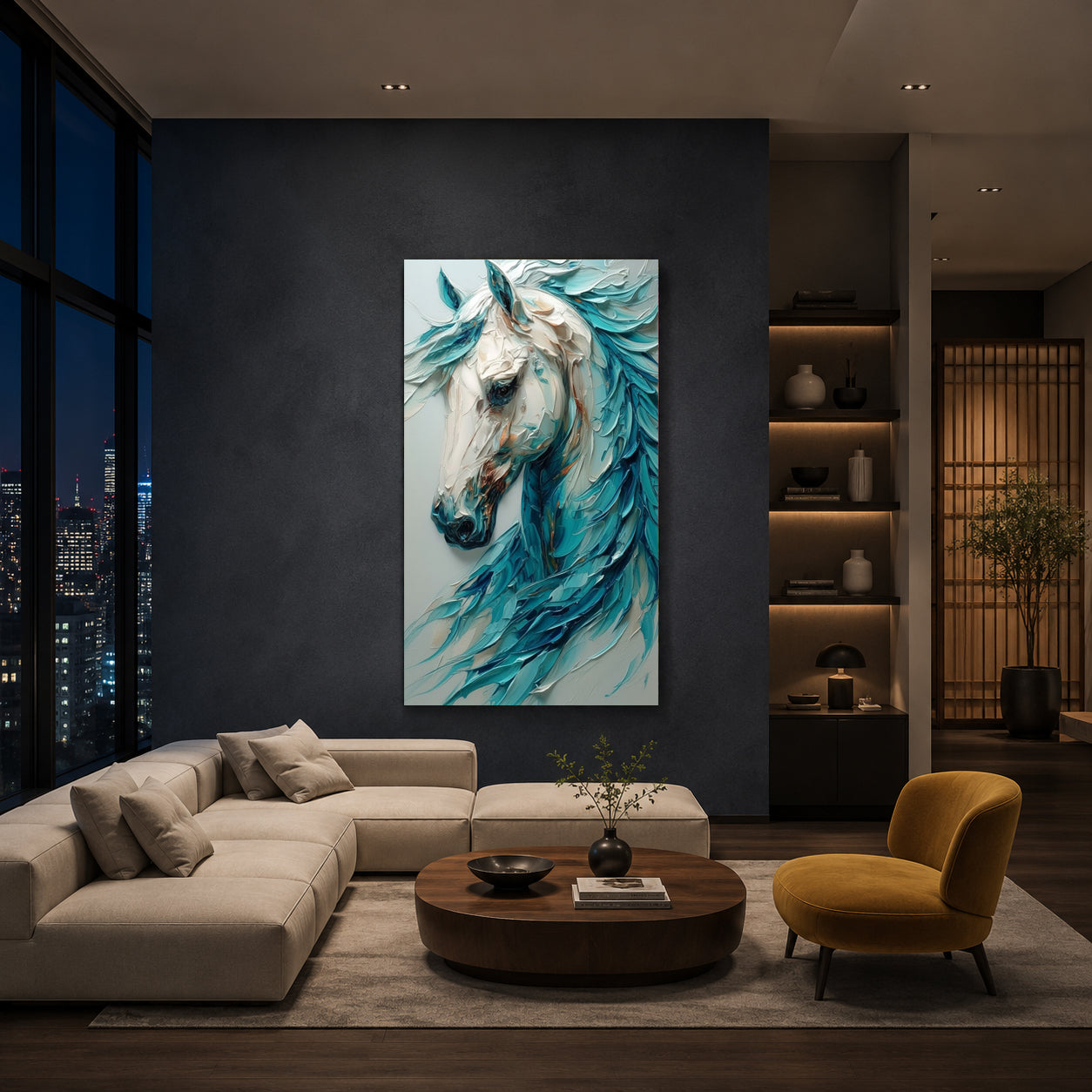 Blue White Horse Canvas Wall Art | Modern Abstract Horse Painting