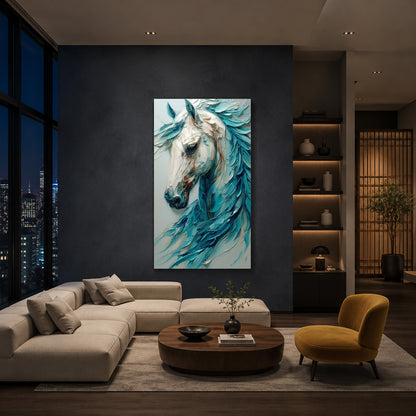 Blue White Horse Canvas Wall Art | Modern Abstract Horse Painting