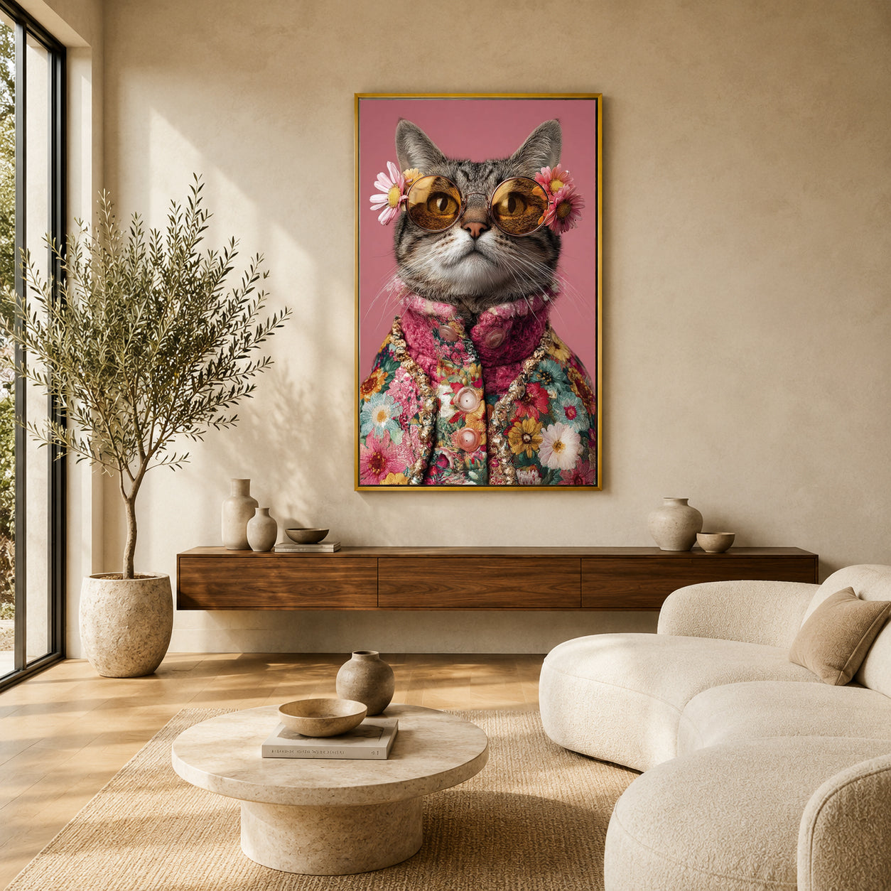 Floral Cat Canvas Wall Art | Stylish Cat Portrait with Glasses