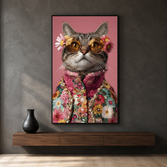 Floral Cat Canvas Wall Art | Stylish Cat Portrait with Glasses