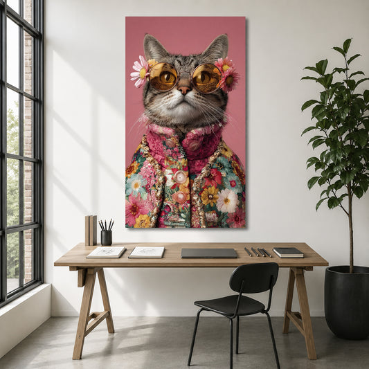 Floral Cat Canvas Wall Art | Stylish Cat Portrait with Glasses