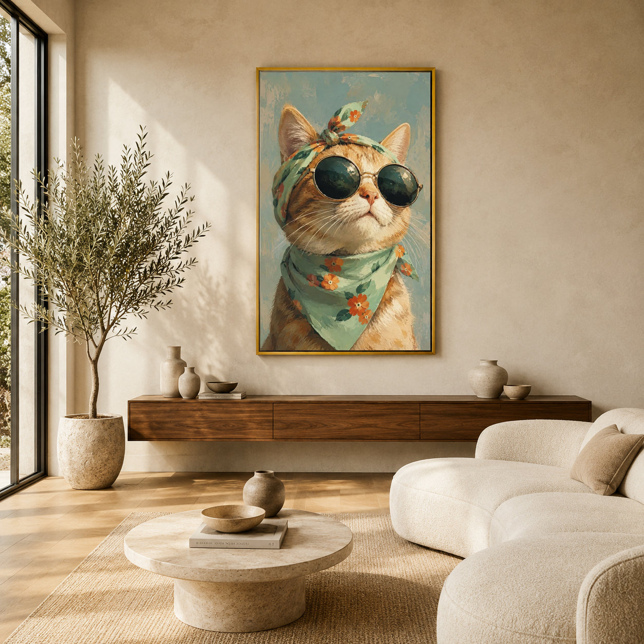 Boho Cat Canvas Wall Art | Stylish Cat with Sunglasses Painting