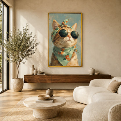 Boho Cat Canvas Wall Art | Stylish Cat with Sunglasses Painting