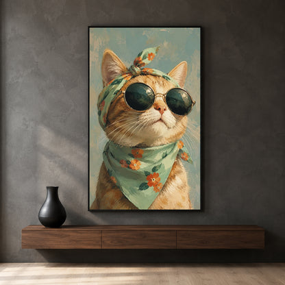Boho Cat Canvas Wall Art | Stylish Cat with Sunglasses Painting