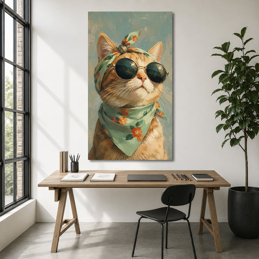Boho Cat Canvas Wall Art | Stylish Cat with Sunglasses Painting