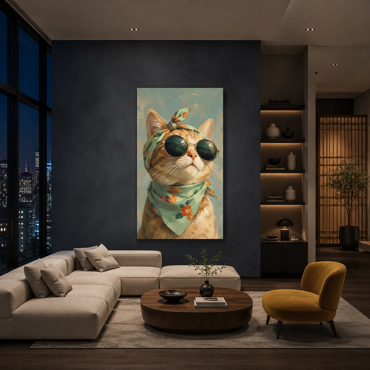 Boho Cat Canvas Wall Art | Stylish Cat with Sunglasses Painting