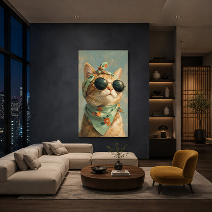 Boho Cat Canvas Wall Art | Stylish Cat with Sunglasses Painting