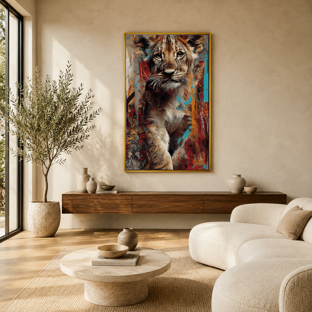 Lion Cub Canvas Wall Art | Modern Wildlife Portrait Painting
