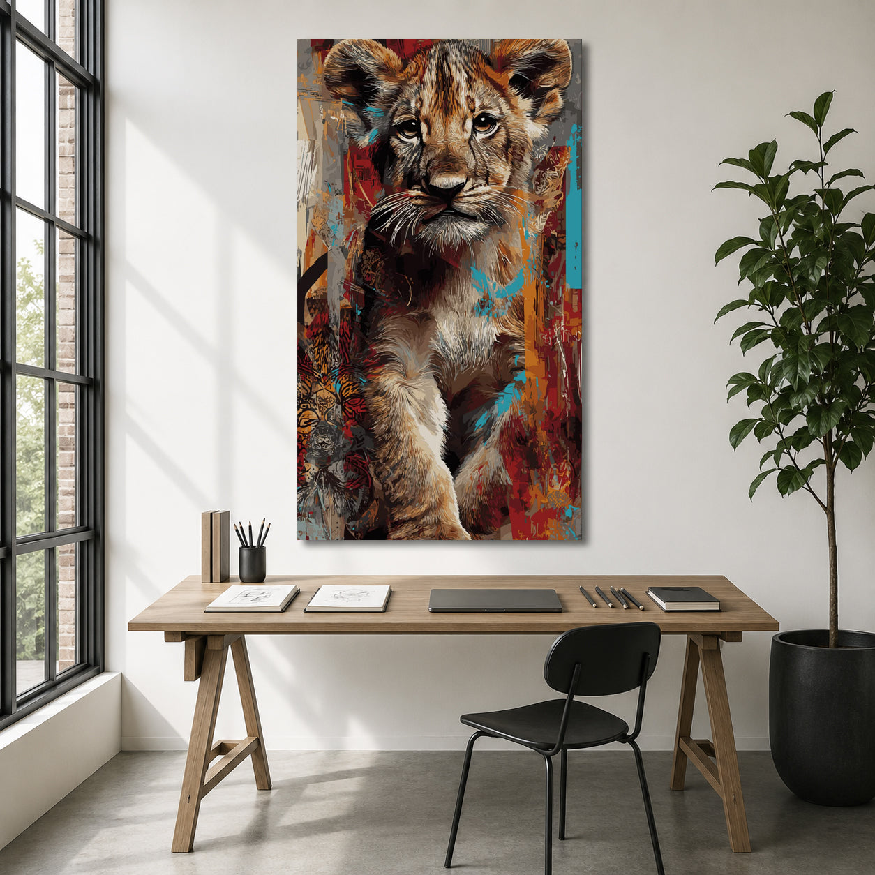 Lion Cub Canvas Wall Art | Modern Wildlife Portrait Painting