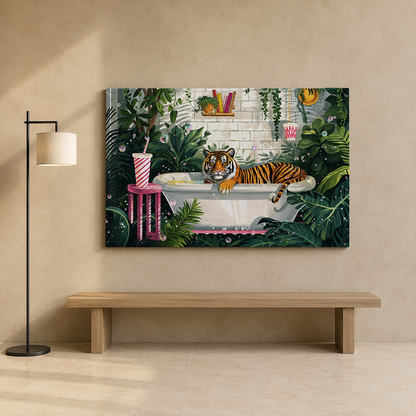 Tiger in Bathtub Canvas Wall Art | Whimsical Jungle Bathroom Painting