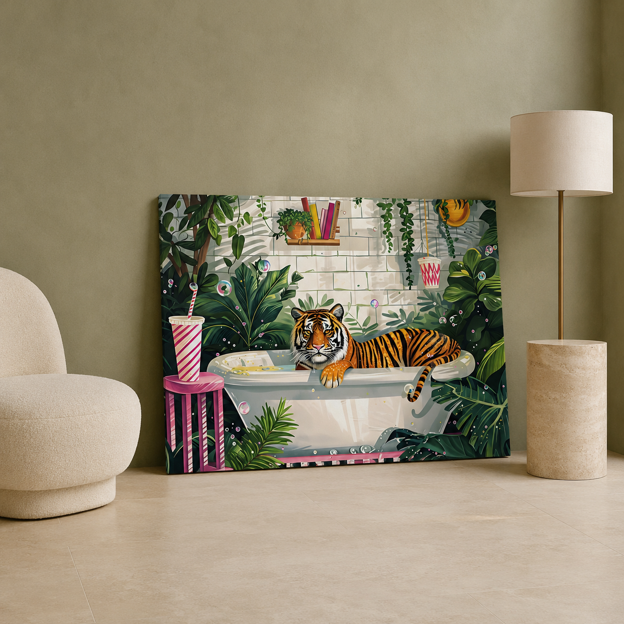 Tiger in Bathtub Canvas Wall Art | Whimsical Jungle Bathroom Painting
