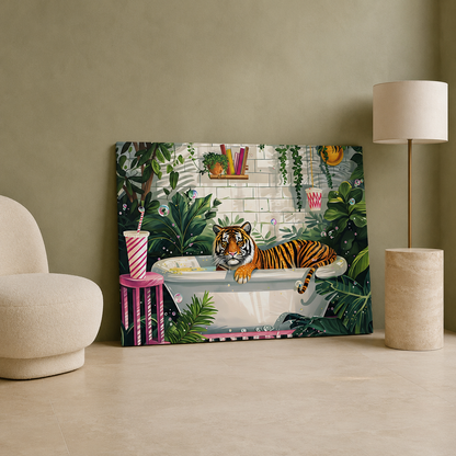 Tiger in Bathtub Canvas Wall Art | Whimsical Jungle Bathroom Painting