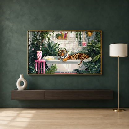 Tiger in Bathtub Canvas Wall Art | Whimsical Jungle Bathroom Painting