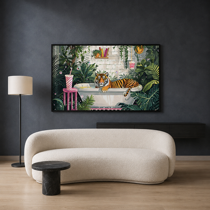 Tiger in Bathtub Canvas Wall Art | Whimsical Jungle Bathroom Painting
