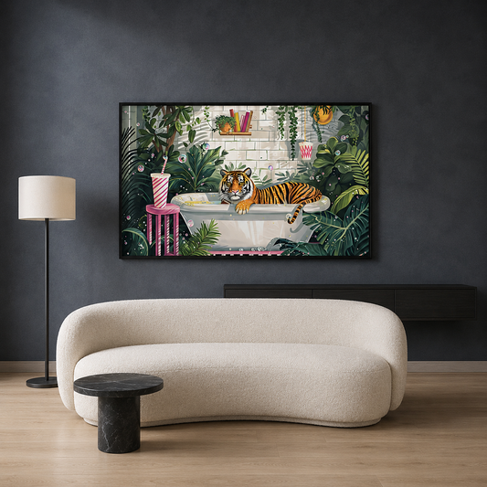 Tiger in Bathtub Canvas Wall Art | Whimsical Jungle Bathroom Painting