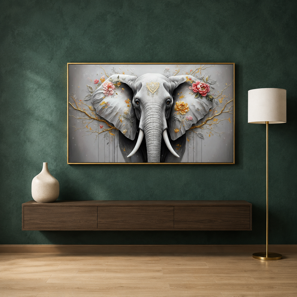 Elegant Elephant Canvas Wall Art | Floral Wildlife Canvas Painting