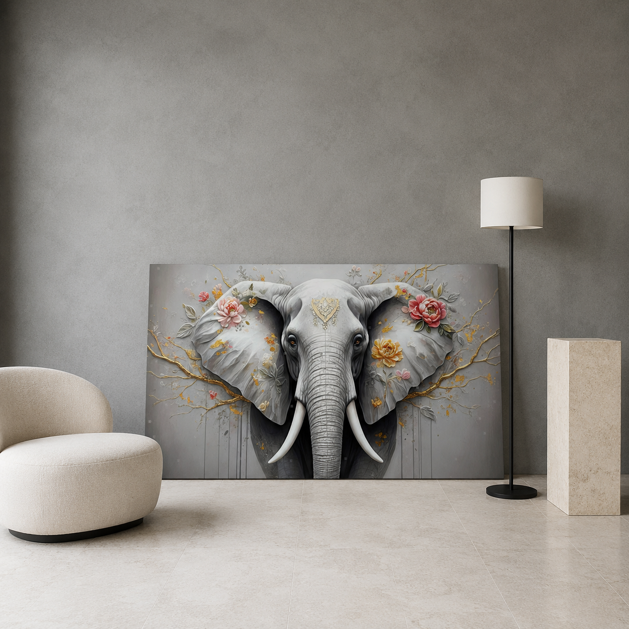 Elegant Elephant Canvas Wall Art | Floral Wildlife Canvas Painting