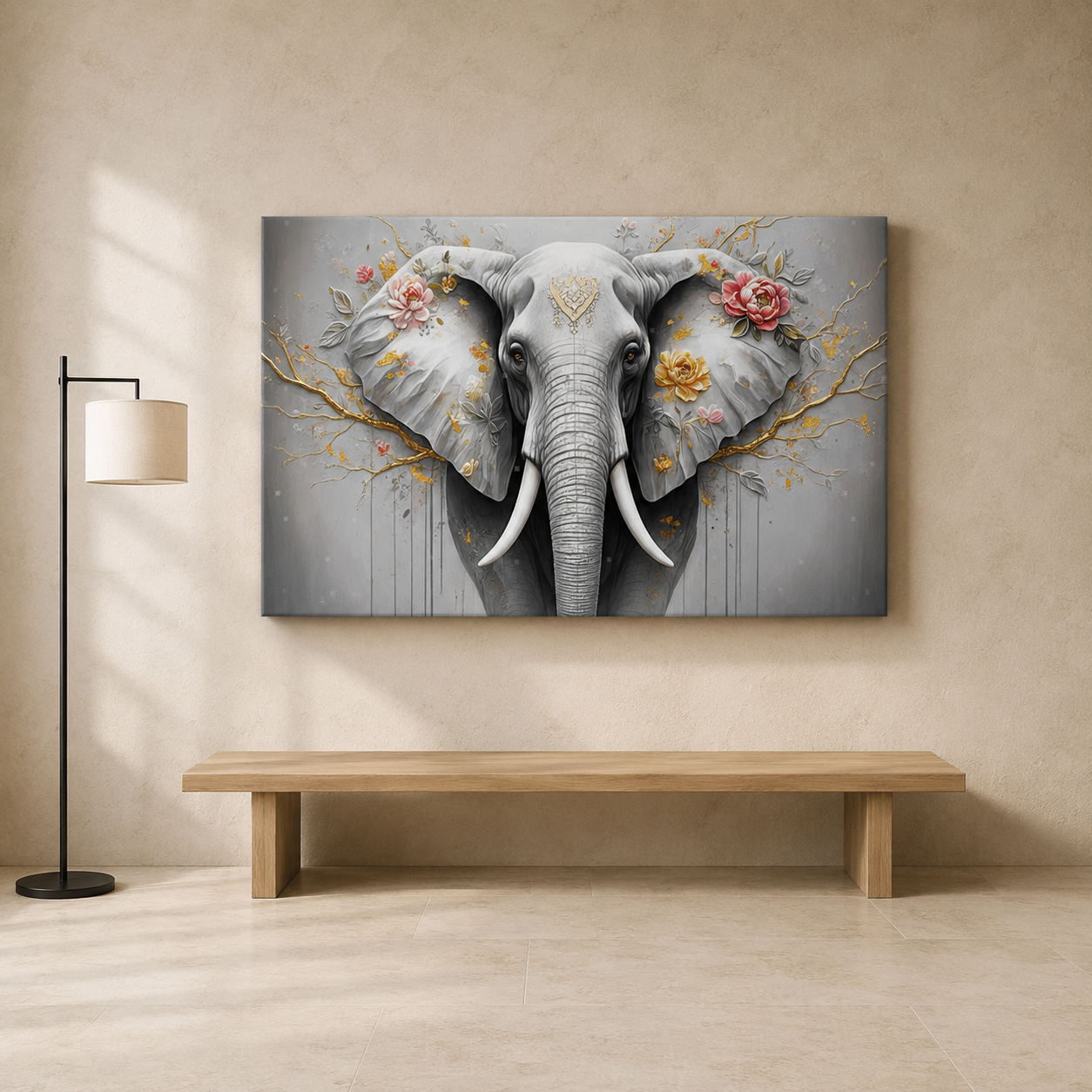 Elegant Elephant Canvas Wall Art | Floral Wildlife Canvas Painting