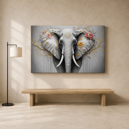 Elegant Elephant Canvas Wall Art | Floral Wildlife Canvas Painting