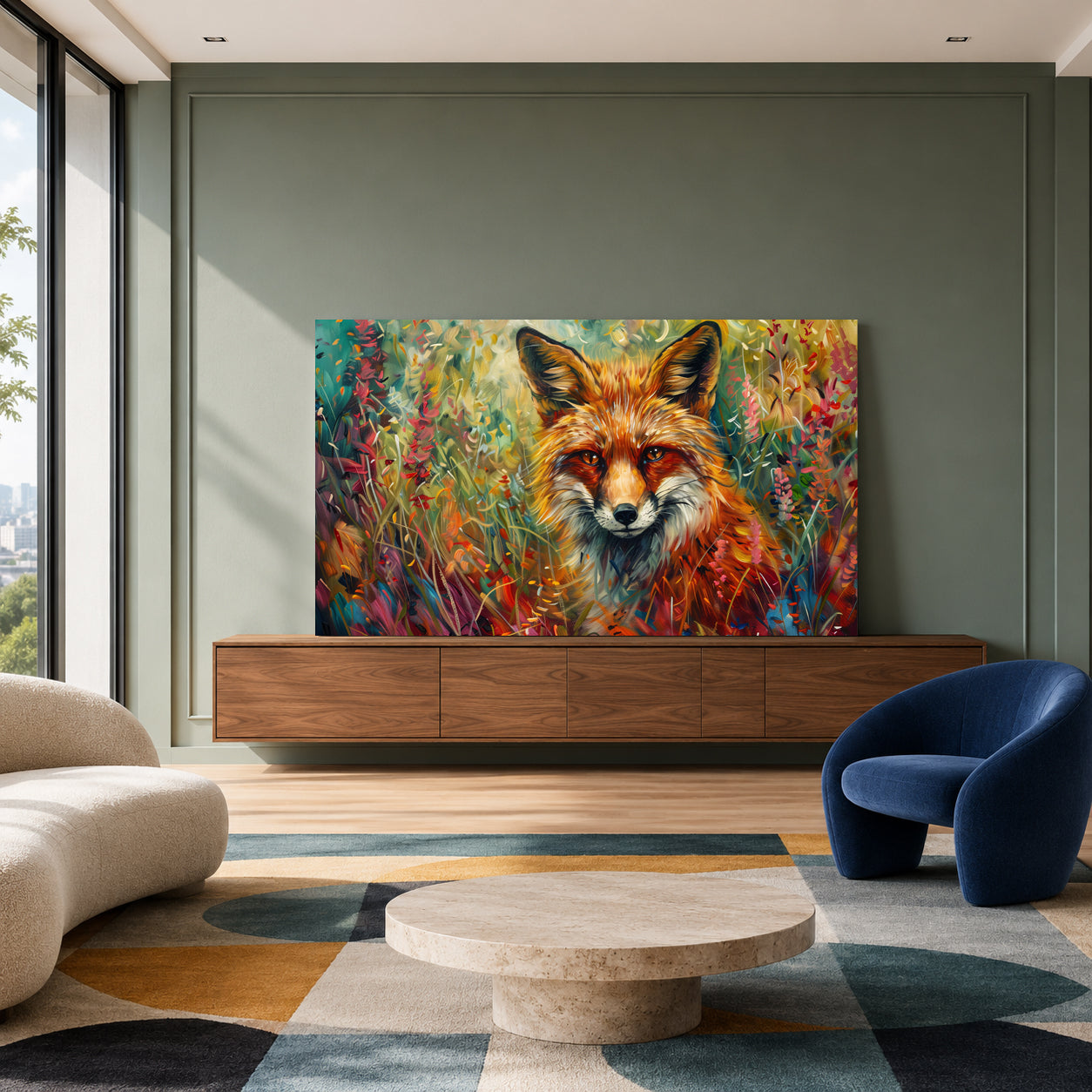 Colorful Fox Canvas Wall Art | Vibrant Woodland Animal Landscape Painting