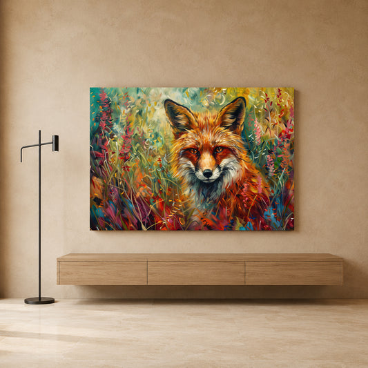 Colorful Fox Canvas Wall Art | Vibrant Woodland Animal Landscape Painting